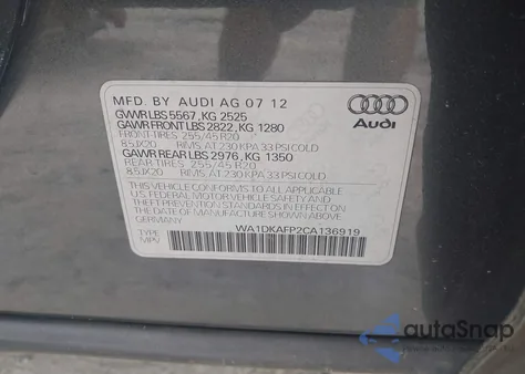 2012 Audi Q5 3.2 Premium Plus z USA, uszkodzony, nr VIN WA1DKAFP2CA136919